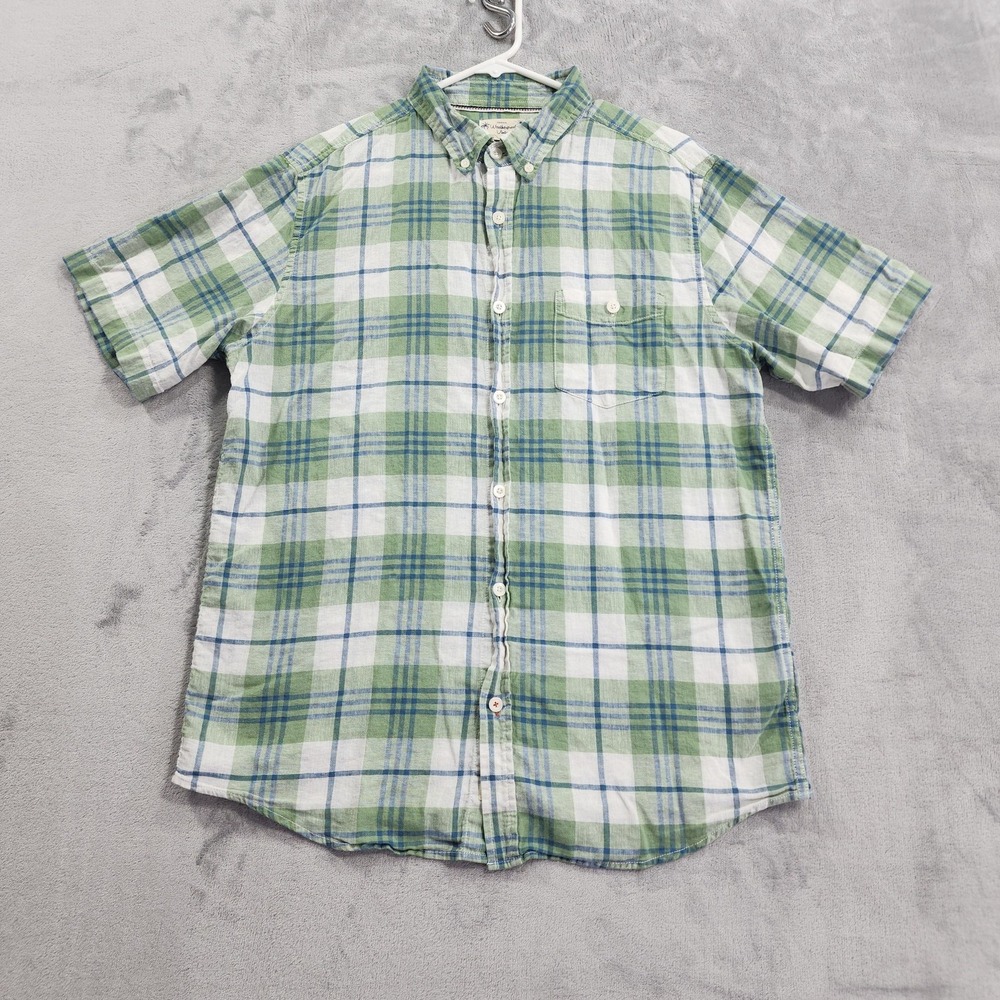 Weatherproof Vintage Shirt Mens L Green Plaid Linen Button Front Short Sleeve